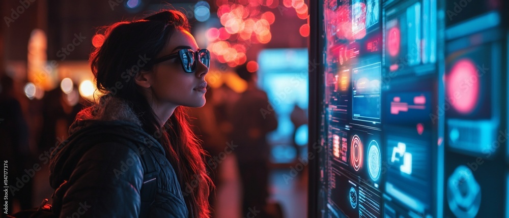 Woman in sunglasses viewing futuristic digital interface at night. Woman in sunglasses viewing futuristic digital interface at night.