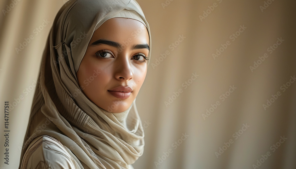 Portrait of beautiful Muslim woman dressed in beige hijab against background with copy space Portrait of beautiful Muslim woman dressed in beige hijab against background with copy space