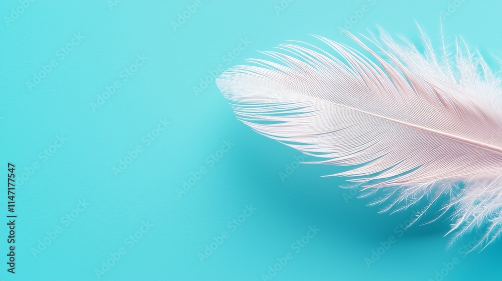 Fototapeta premium Close-up of a pristine white feather softly descending on a gradient sky blue backdrop, conveying calm and gentle motion