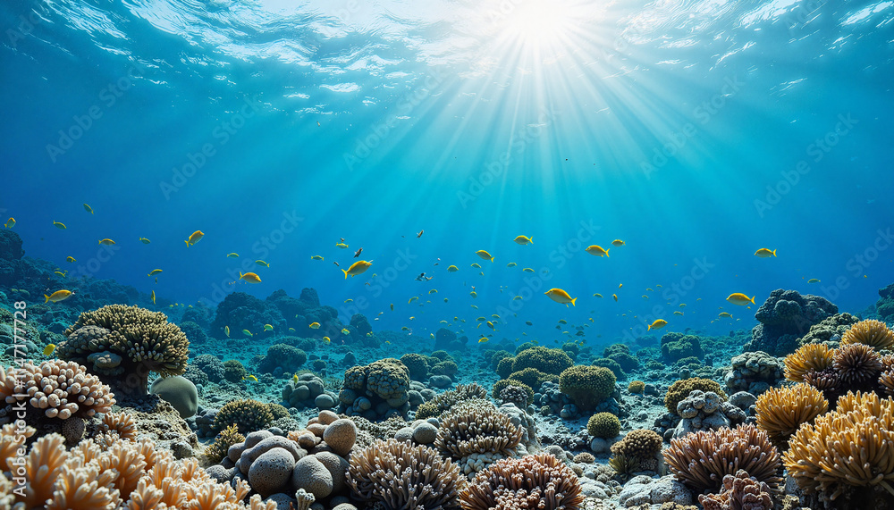 Naklejka premium Vibrant coral reef with tropical fish and sunlight rays underwater