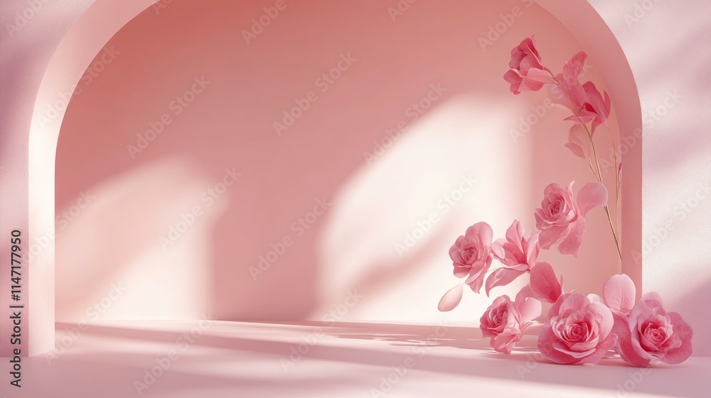 Pink floral archway with sunlight and falling petals. Pink floral archway with sunlight and falling petals.