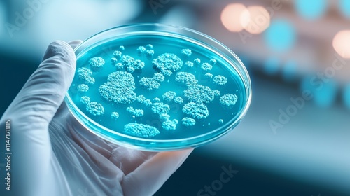 Close-up of cultured blue microorganisms in a Petri dish held by a laboratory hand, sharp detail against a softly lit, blurred backdrop