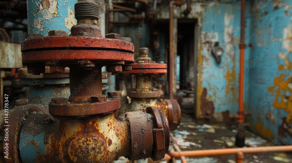 Close-up of rusty industrial pipes and valves in an abandoned factory. Close-up of rusty industrial pipes and valves in an abandoned factory.