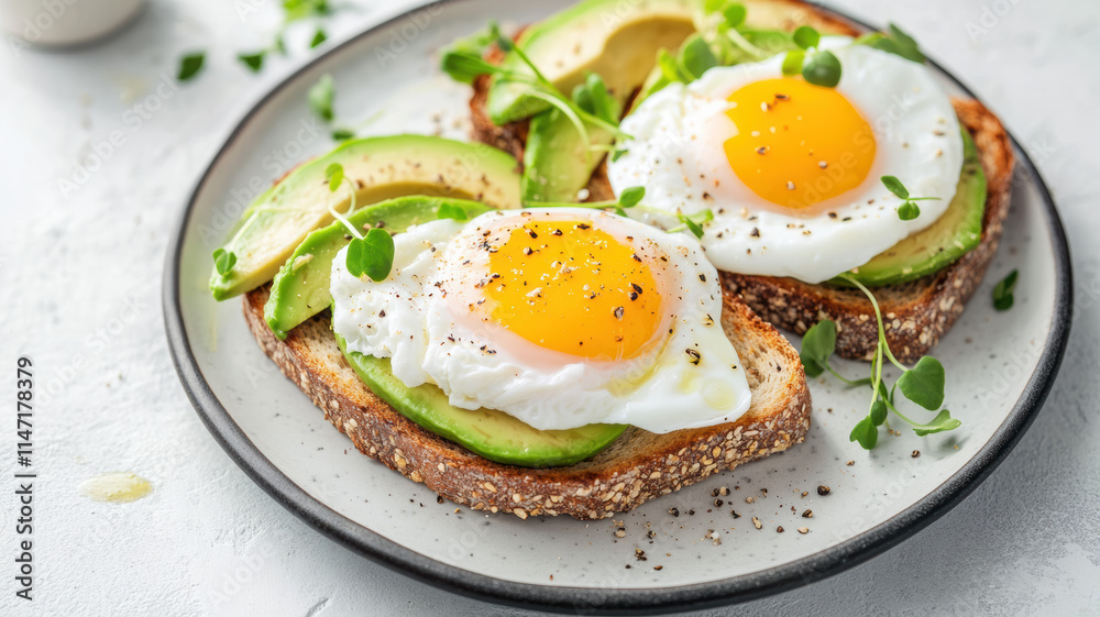 Brightly lit shot of perfectly poached eggs served on whole-grain toast with avocado slices, garnished with microgreens for a nutritious breakfast visual. Brightly lit shot of perfectly poached eggs served on whole-grain toast with avocado slices, garnished with microgreens for a nutritious breakfast visual.