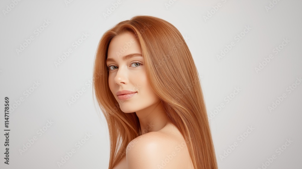 Woman with long red hair poses gracefully, showcasing natural beauty in a neutral background setting. Woman with long red hair poses gracefully, showcasing natural beauty in a neutral background setting.