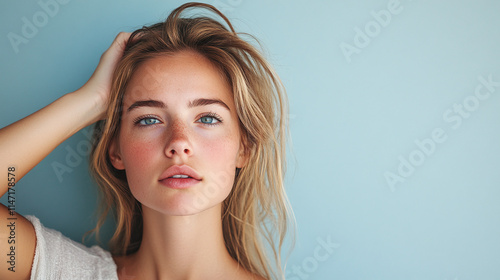 A woman concerned about hair thinning and loss, growth treatments and scalp care. this addresses stress related hair fall and explores solutions, hormone, worry, shampoo.