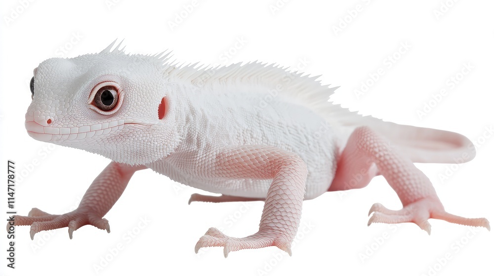 Fototapeta premium Rare white albino lizard with pink legs standing on a clean white background.