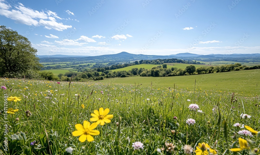 Fototapeta premium Sunny meadow landscape with wildflowers and distant hills. Lush green grass, vibrant yellow and white flowers, and a panoramic view of rolling hills under a clear blue sky.