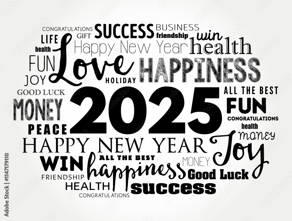 Fototapeta premium 2025 year greeting word cloud collage, Happy New Year celebration greeting card