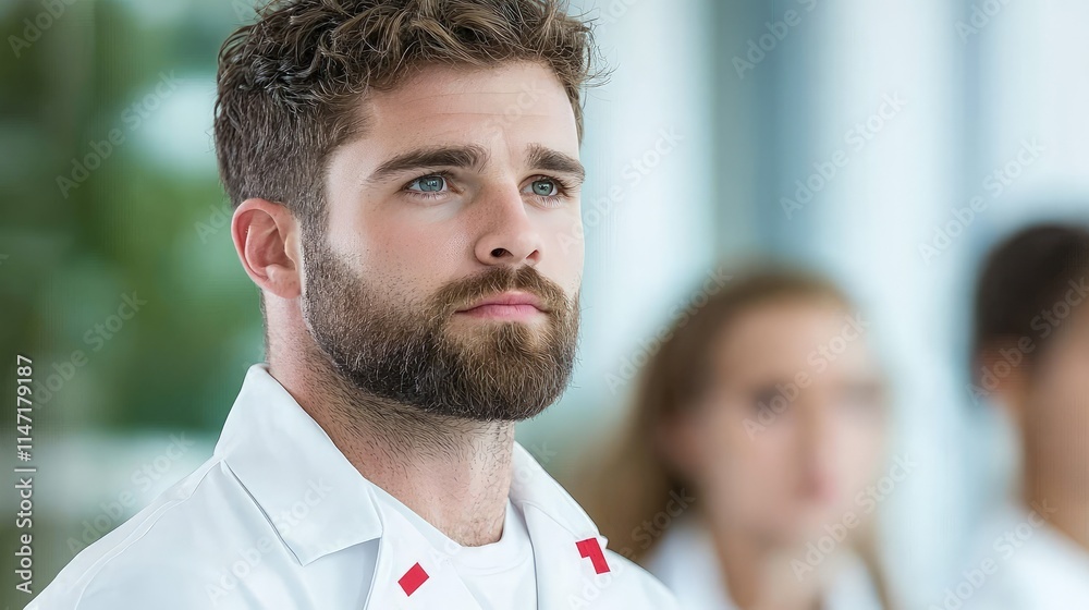 Pensive young male doctor in lab coat. Pensive young male doctor in lab coat.
