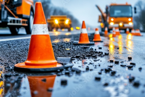 Row of bright orange traffic cones signaling caution and safety on road construction site