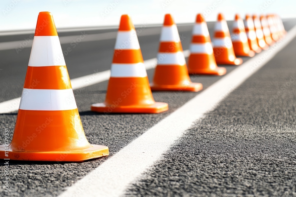 Row of bright orange traffic cones signaling caution and safety on road construction site Row of bright orange traffic cones signaling caution and safety on road construction site