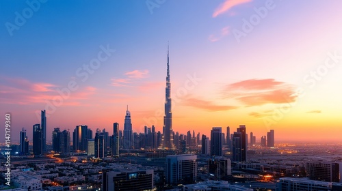 Stunning sunset cityscape panorama with skyscrapers and iconic tower.