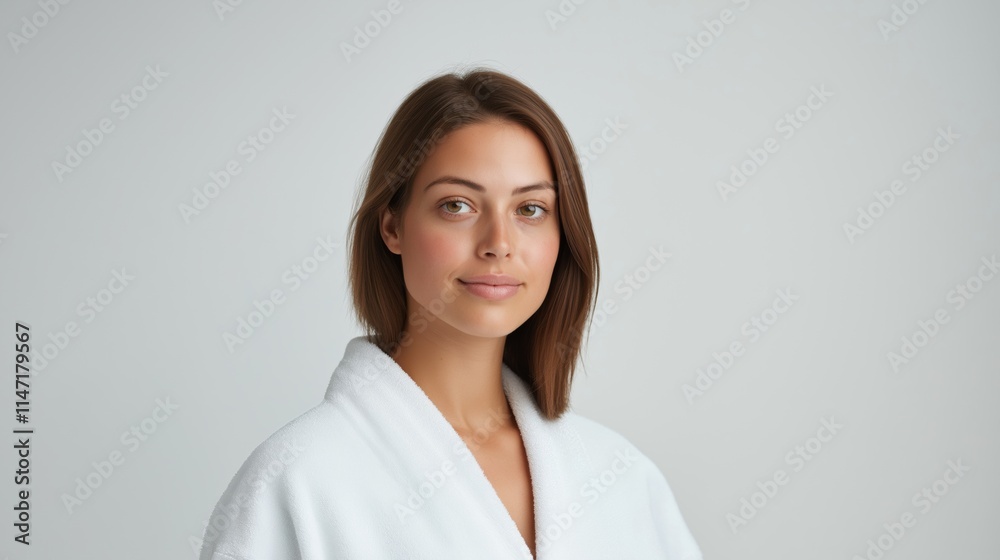 Woman in a white robe with soft lighting and a serene expression in a minimalistic setting during the day. Woman in a white robe with soft lighting and a serene expression in a minimalistic setting during the day.