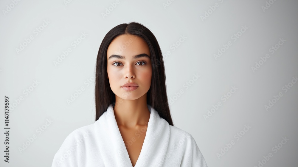 Young woman poses in a white robe against a light background, showcasing a serene and confident expression. Young woman poses in a white robe against a light background, showcasing a serene and confident expression.