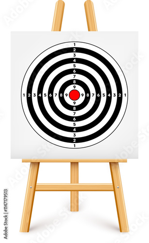 Shooting range target on a wooden easel stand. Paper target with divisions, marks and numbers. Archery, gun shooting and training, sport competition, hunting. Bullseye and aim. Vector illustration