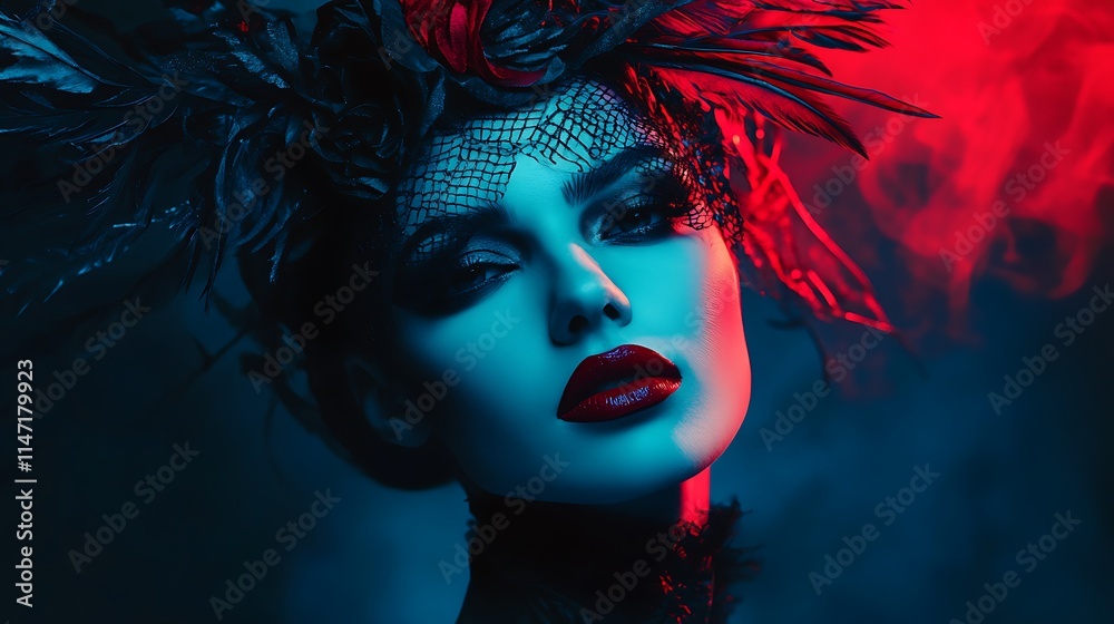 Mysterious Woman in Dramatic Lighting with Feather Headpiece Mysterious Woman in Dramatic Lighting with Feather Headpiece