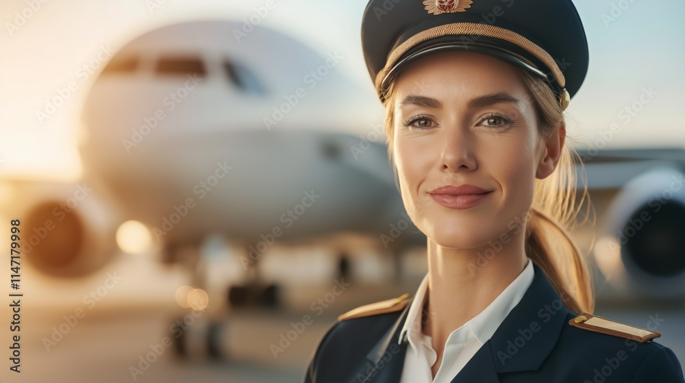 Confident female pilot stands in front of airplane at sunset, showcasing professionalism in aviation industry.
