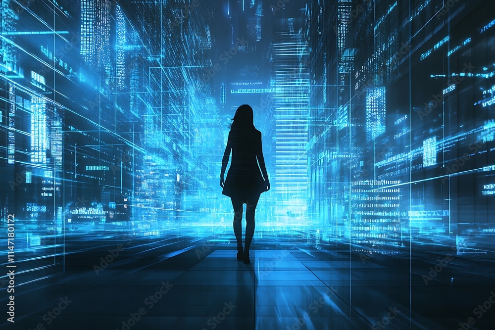 Silhouette Woman in Futuristic Digital City Silhouette Woman in Futuristic Digital City