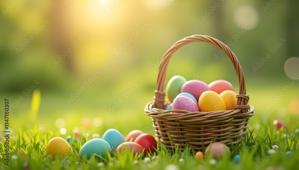 Colorful Easter Eggs in a Woven Basket on Green Grass with Sunlight Colorful Easter Eggs in a Woven Basket on Green Grass with Sunlight