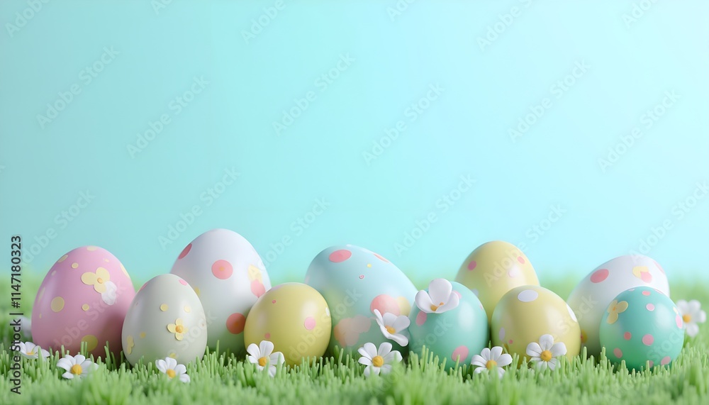 A collection of pastel-colored Easter eggs is artfully arranged on lush green grass, surrounded by tiny white flowers against a soft blue background, capturing the essence of spring A collection of pastel-colored Easter eggs is artfully arranged on lush green grass, surrounded by tiny white flowers against a soft blue background, capturing the essence of spring
