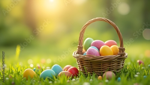 Colorful Easter Eggs in a Woven Basket on Green Grass with Sunlight