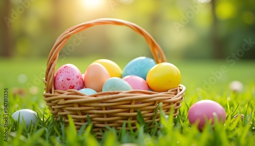Colorful Easter Eggs in a Woven Basket on Green Grass with Sunlight