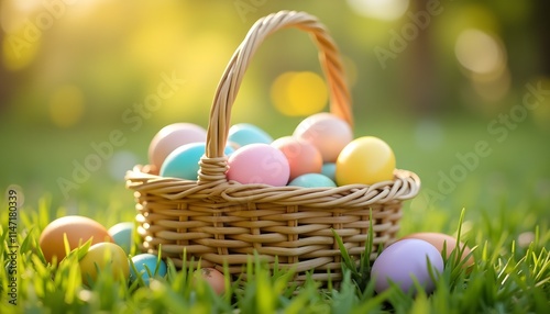 Colorful Easter Eggs in a Woven Basket on Green Grass with Sunlight