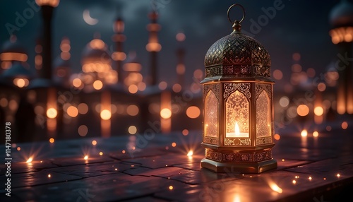 A beautifully designed lantern glows warmly as it illuminates the foreground, with a majestic mosque and crescent moon visible in the twilight sky photo