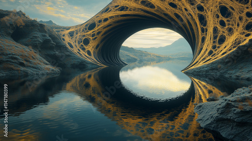 A black hole-like portal hovering above a lake, its surface rippling with golden fractal designs and reflecting a surreal landscape