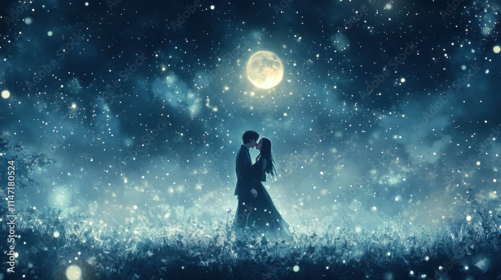 Obraz premium Romantic Couple Silhouette Underneath a Magical Night Sky with a Full Moon
