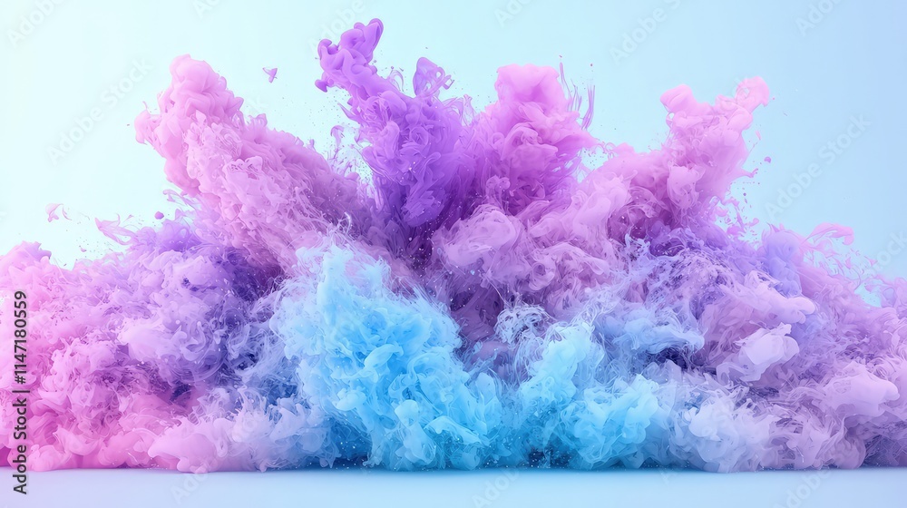 Fototapeta premium Abstract cloud of pink, purple, and blue ink swirling in water against a light blue background.