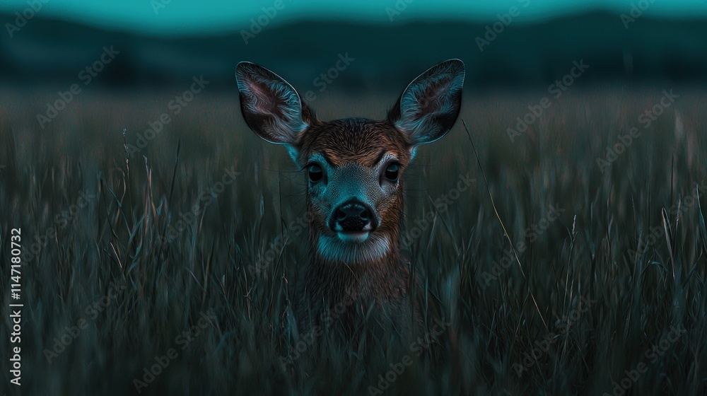 Young deer in tall grass at dusk. Young deer in tall grass at dusk.