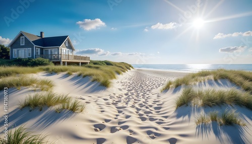 A charming cottage sits beside a sandy beach, surrounded by lush grass. Footprints lead to the ocean, while fluffy clouds float across the bright blue sky. The scene captures tranquility