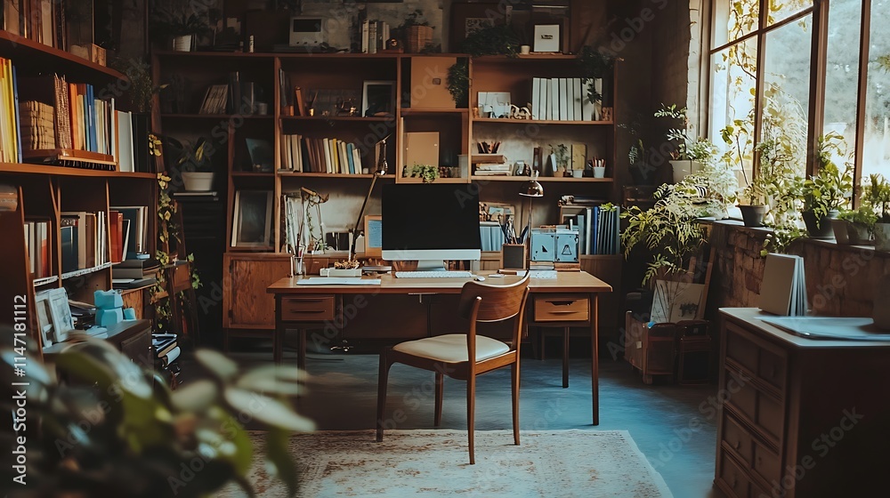 Serene Home Office with Bookshelves and Plants Serene Home Office with Bookshelves and Plants