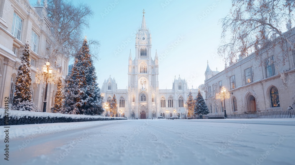 Obraz premium Majestic white gothic palace facade in a snow-covered city square decorated with Christmas trees during winter twilight.