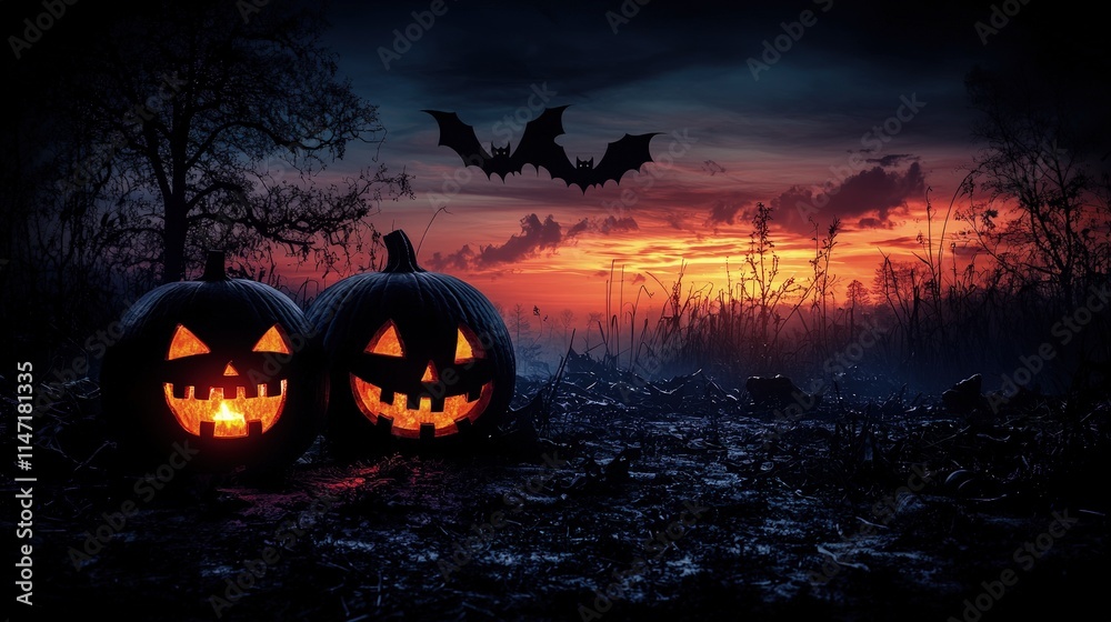Fototapeta premium Two jack-o'-lanterns glowing at dusk with a bat flying overhead in a spooky Halloween scene.