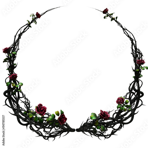 3D rendered wild fantasy wreath made of thorns and red roses isolated on transparent background