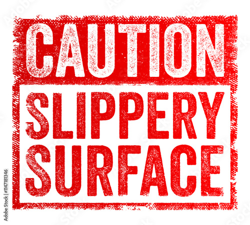 Caution: Slippery Surface - is a warning indicating that the area might be slick or wet, text concept stamp