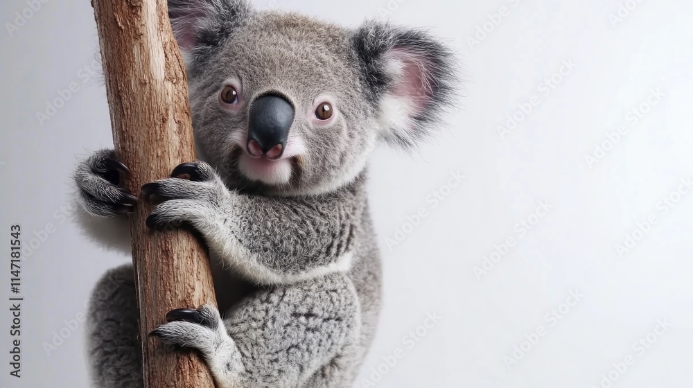 Naklejka premium Adorable koala clinging to a tree branch against a white background.