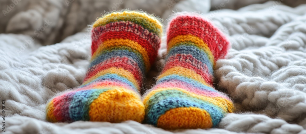 Fuzzy winter sock with colorful stripes and a soft, fluffy texture, photographed with a cozy blanket background Fuzzy winter sock with colorful stripes and a soft, fluffy texture, photographed with a cozy blanket background