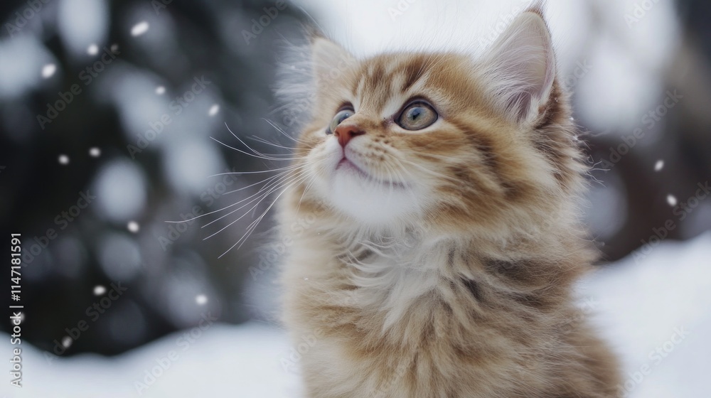 Adorable ginger kitten looking up in snowfall. Adorable ginger kitten looking up in snowfall.