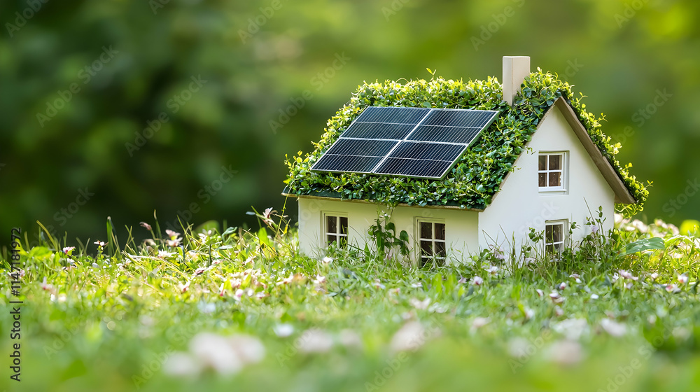 Green grass surrounds a modern panel house, a residential building model showcasing real estate property Green grass surrounds a modern panel house, a residential building model showcasing real estate property