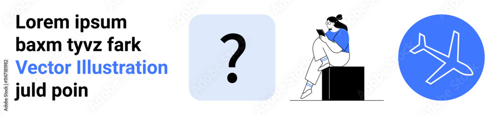 Woman reading on luggage near question mark and airplane icons. Ideal for travel planning, decision making, solo travel, vacations, wanderlust, travel guides, adventure. Landing page Woman reading on luggage near question mark and airplane icons. Ideal for travel planning, decision making, solo travel, vacations, wanderlust, travel guides, adventure. Landing page