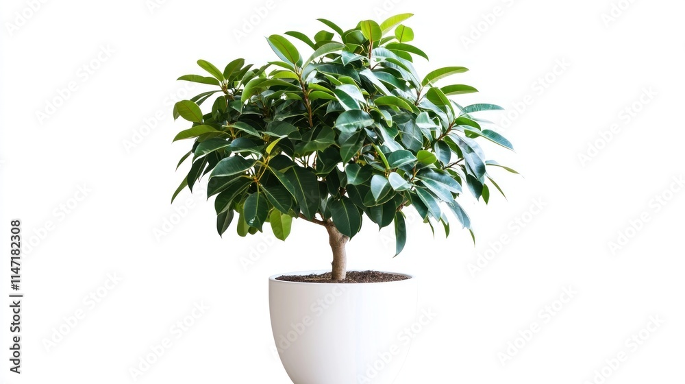 Fototapeta premium Lush green ficus plant in a white pot on white background.