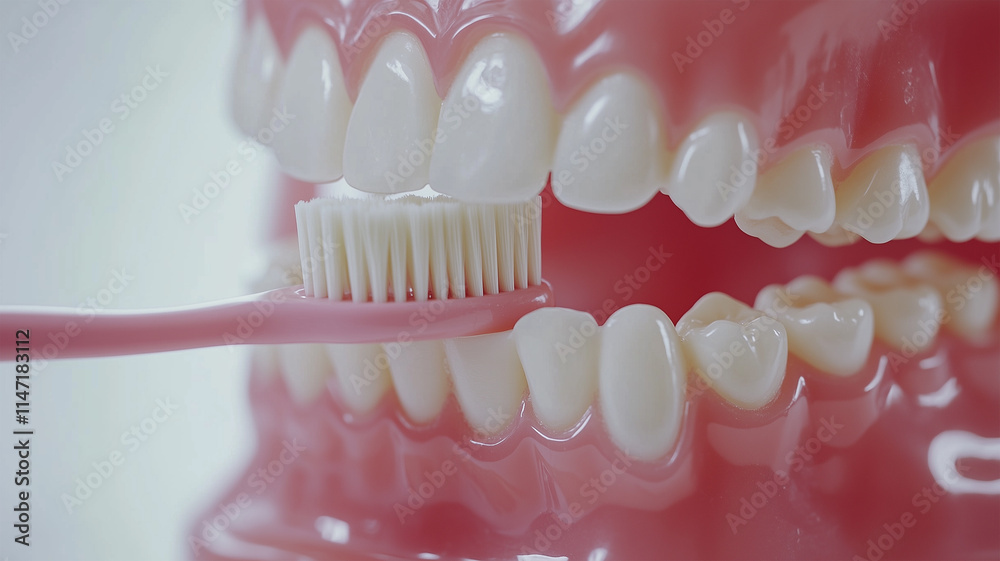 Obraz premium 歯科模型を使った正しい歯磨きのデモンストレーション