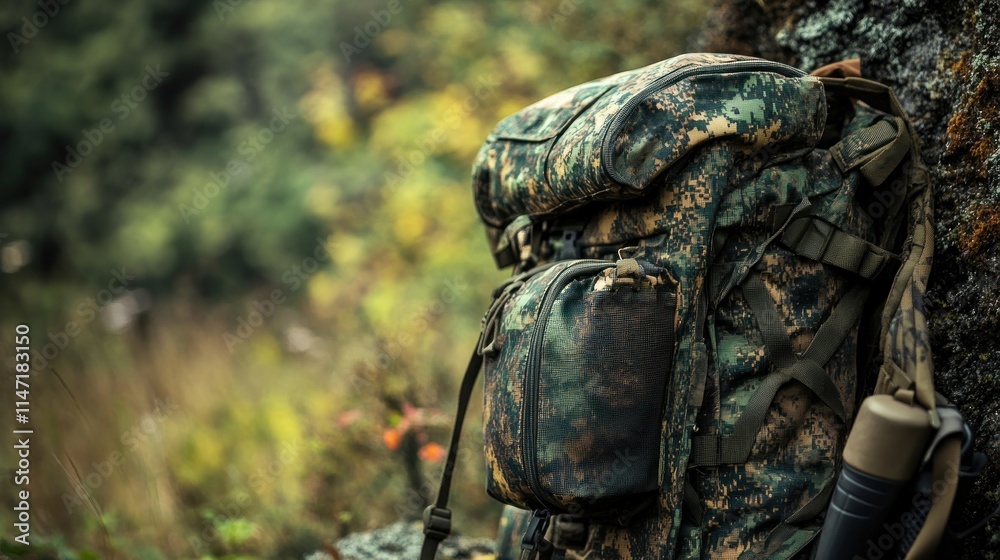 A camo backpack leans against a tree trunk in a wooded area. A camo backpack leans against a tree trunk in a wooded area.
