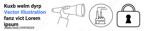 Hand holding a telescope, factory with smokestacks in a circular frame, padlock with keyhole. Ideal for security, industrial monitoring, research, surveillance, exploration, innovation safety