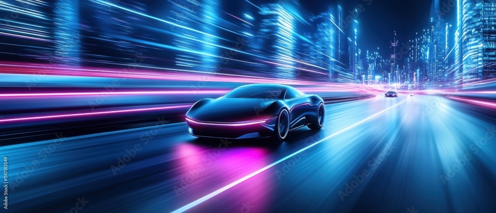 Fototapeta premium Futuristic Electric Sports Car Racing Through Neon Cityscape at Night with Motion Blur Effect