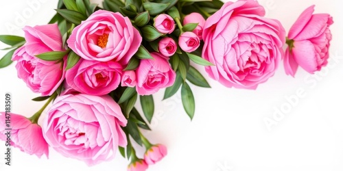 Fototapeta Naklejka Na Ścianę i Meble -  A vibrant bouquet of pink peonies and roses on a white background, ideal for card designs or wedding invitations, pink, bouquet, wedding invitation